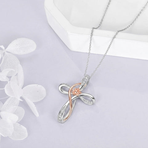 Sterling Silver Daisy Rose Plumeria Lotus Sunflower Cross Pendant Necklace for Women