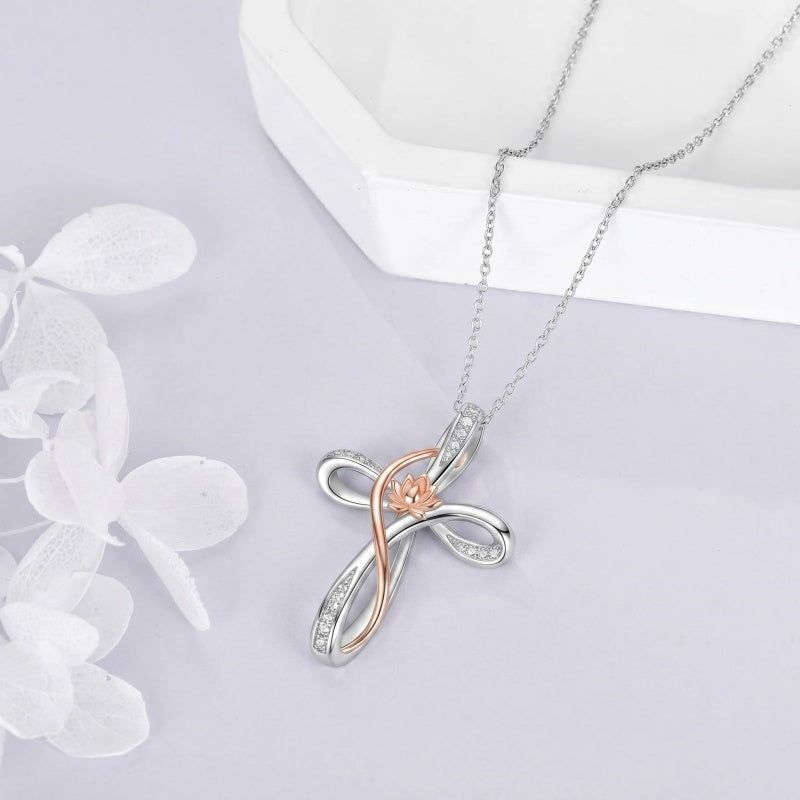 Sterling Silver Daisy Rose Plumeria Lotus Sunflower Cross Pendant Necklace for Women