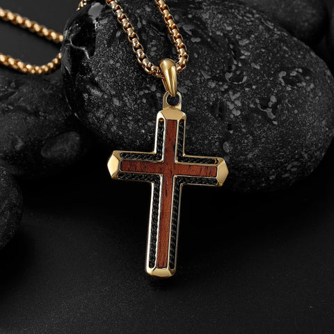 14K Gold Plated Wooden Cross Necklace Jewelry Gift for Him