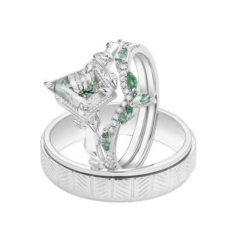 Sterling Silver10K 14K 18K Gold Natural Moss Agate Branch Leafy Engagement Ring Set For Couples
