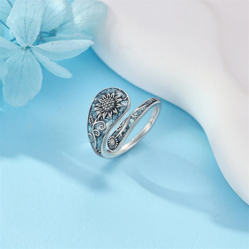 Sterling Silver Turquoise Hummingbird Butterfly Sunflower Adjustable Spoon Ring