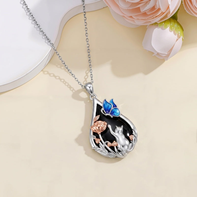 Sterling Silver Obsidian Bunny Cat Elephant Dog Fox Teardrop Pendant Necklace