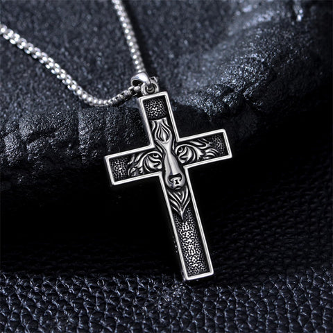 Sterling Silver Wooden Lion Orthodox Sword Wolf Cross Pendant Necklace