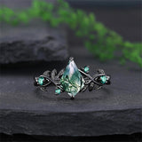 Sterling Silver 10K 14K 18K Gold Natural Leaf  Moss Agate Engagement Anniversary Couple Ring Sets
