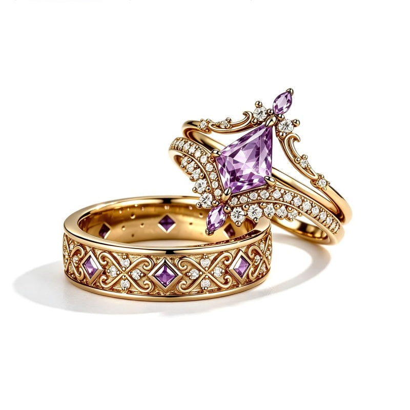 Sterling Silver 10K 14K 18K Gold Purple Gemstone Amethyst  Rings Set Couple Promise Rings Wedding Anniversary Rings