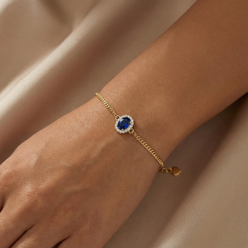 14K Gold Plated Halo Oval Birthstone Cuban Chain Bracelets for Her