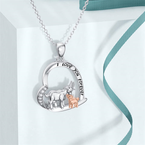 Sterling Silver Cubic Zirconia Mother Daughter Goat Pendant Necklace Engraved with "I Love You Forever"