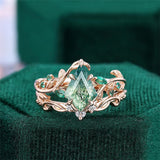 Sterling Silver 10K 14K 18K Gold Vintage Nature Moss Agate Engagement Ring Sets for Women