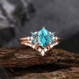 Sterling Silver 10K 14K 18K Gold Turquoise Engagement  Wedding Ring Set for Women
