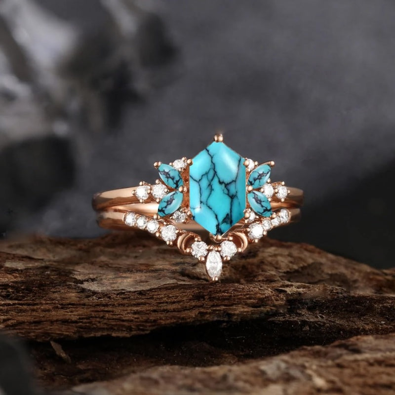 Sterling Silver 10K 14K 18K Gold Turquoise Engagement  Wedding Ring Set for Women