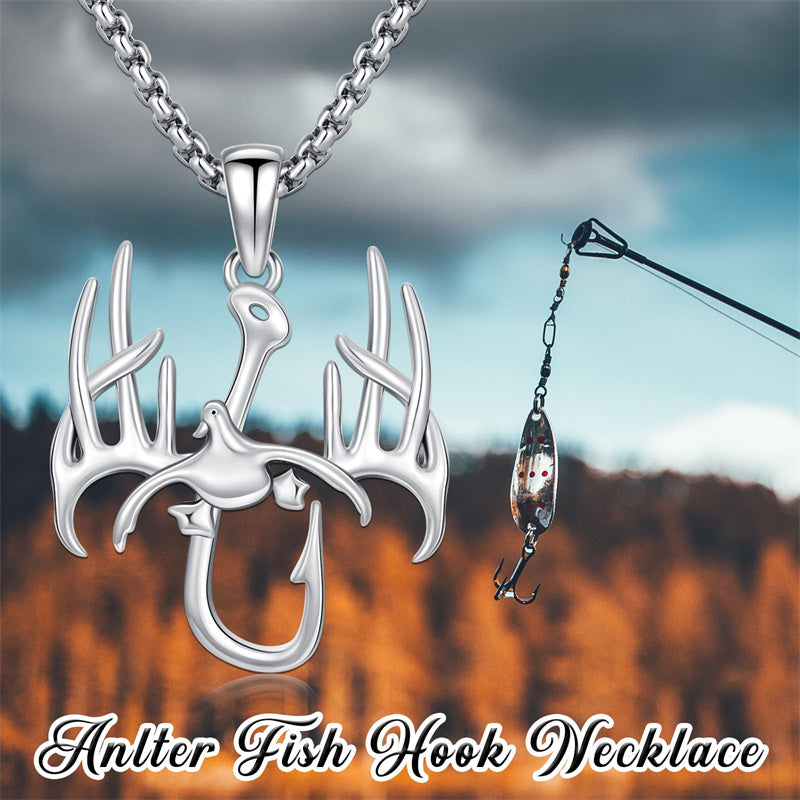 duck antler fish hook Sterling Silver Fish Hook& Antler Duck Pendant Necklace for Men– romanticwork