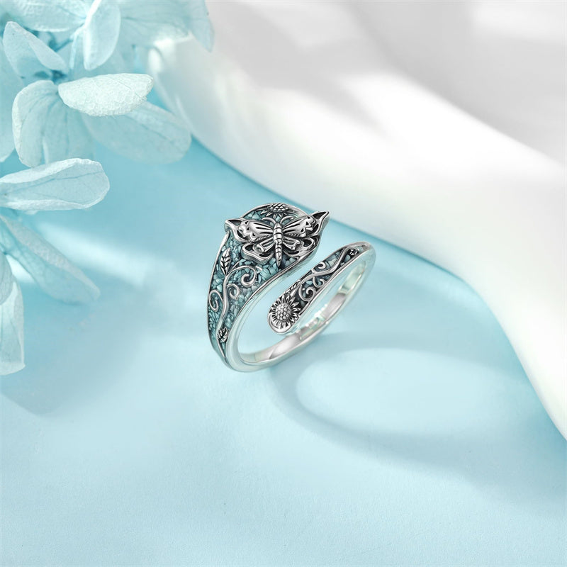 Sterling Silver Turquoise Hummingbird Butterfly Sunflower Adjustable Spoon Ring
