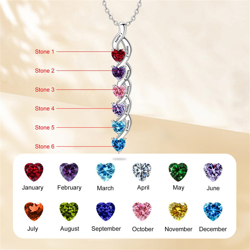 Copper Sterling Silver Personalized 1-6 Simulated Birthstones Mother's Name Heart Pendant Necklace