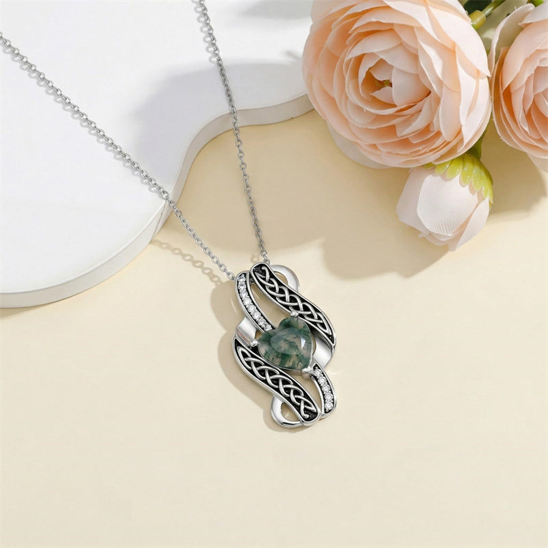 Sterling Silver Moss Agate Celtic Knot Rose Claddagh Filigree Pendant Necklace