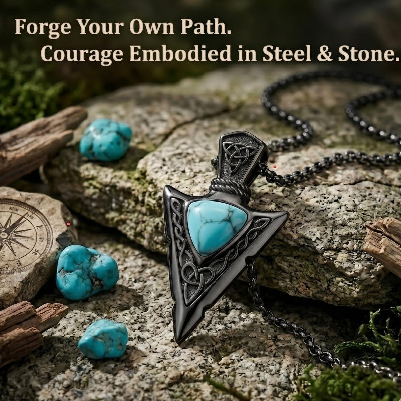 14K Gold Plated Moss Agate Turquoise Valknut Viking Arrow Head Pendant Necklace for Men