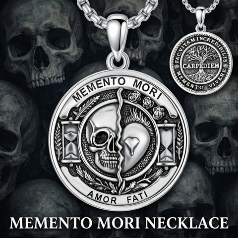 Sterling Silver Memento Mori Gothic Skull Amulet Pendant Necklace for Men