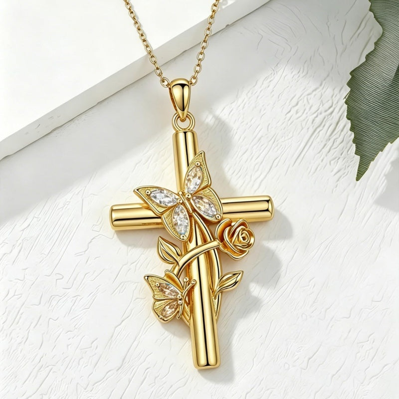 Birthston Butterfly Rose 14K Plated Gold Cross Pendant Necklace for Women