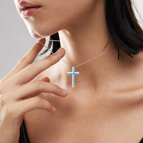 Sterling Silver Opal Cross Pendant Necklace  for Women