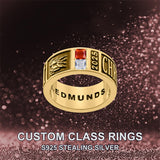 Sterling Silver 10K 14K 18K Gold Personalized Birthstone Pattern Class Ring for Men