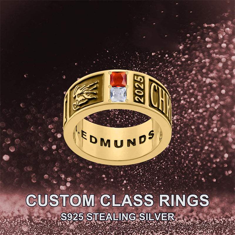 Sterling Silver 10K 14K 18K Gold Personalized Birthstone Pattern Class Ring for Men