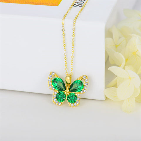 14K Gold 5A Cubic Zircons Butterfly Pendant Necklace