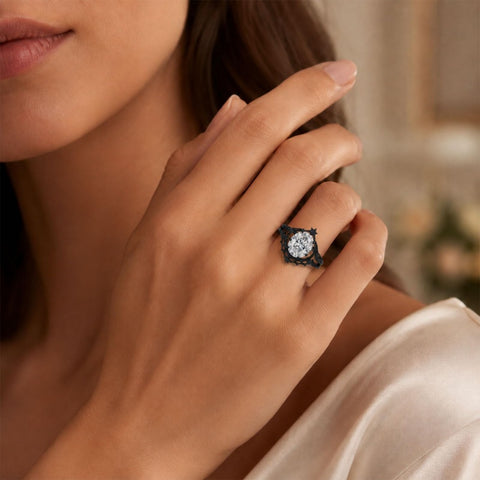 Sterling Silver 10K 14K 18K Gold Moissanite Gothic Black  Engagement Wedding Ring  for Women Halloween Gift