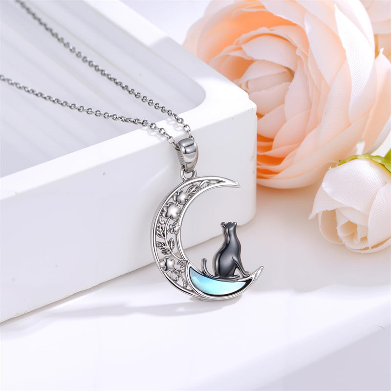 Sterling Silver Moonstone Wolf Cat Koala  Lion Moon Pendant Necklace