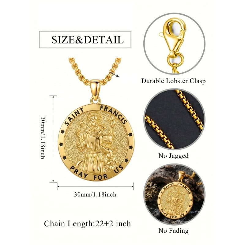 14K Gold Plated Saint Medal Christian  Pendant Necklace for Men