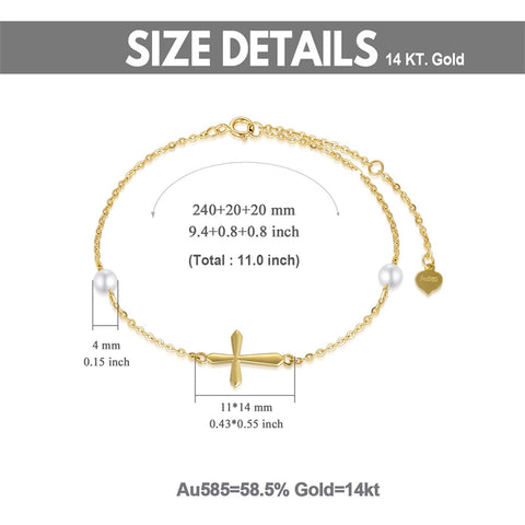 14k Gold Cross Anklets for Women, Real Pearl Religious Ankle Bracelet Gifts for Her, 9.4"+0.8"+0.8"