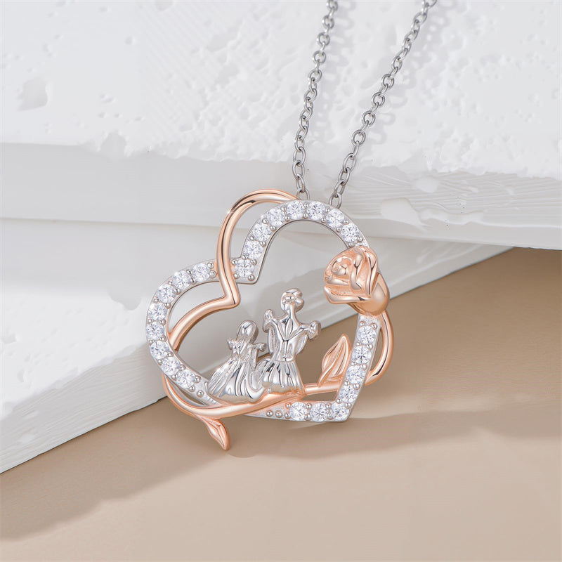 Sterling Silver Mother Daughter Pendant Necklace Engraved with Love You