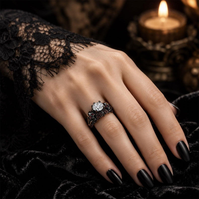 Sterling Silver 10K 14K 18K Gold Moissanite Gothic Black  Engagement Wedding Ring  for Women Halloween Gift