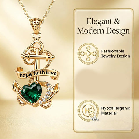 14K Gold Plated Heart Birthstone Anchor Necklace Engraved with Hope Faith Love