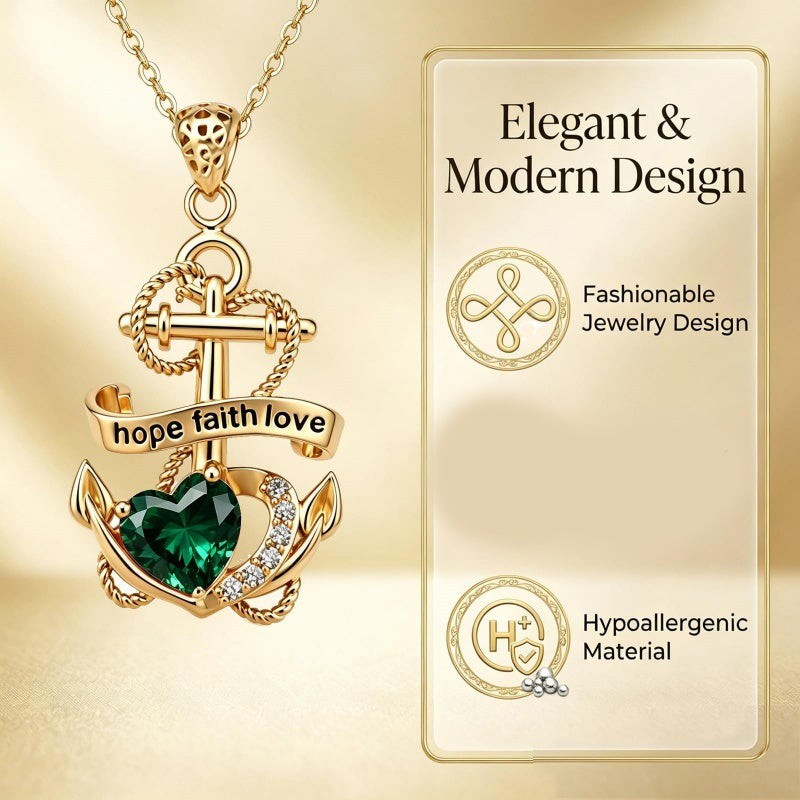 14K Gold Plated Heart Birthstone Anchor Necklace Engraved with Hope Faith Love