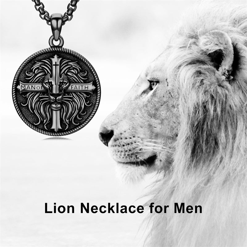 Sterling Silver Faith Bible Lion Pendant Necklace for Men