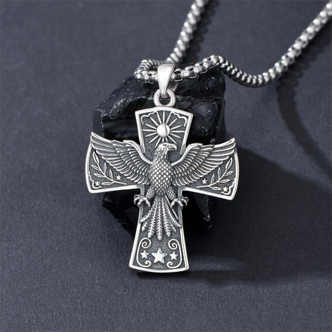 Sterling Silver Eagle Cross Religious Pendant Necklace