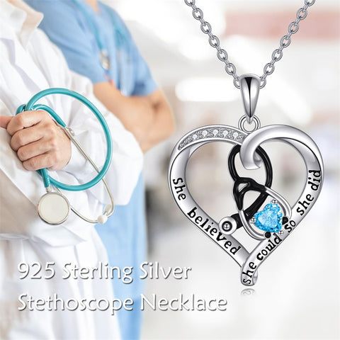 Nurse Gifts Sterling Silver Caduceus & Stethoscope Birthstone Necklace for Women Doctor Jewelry Graduation Gifts