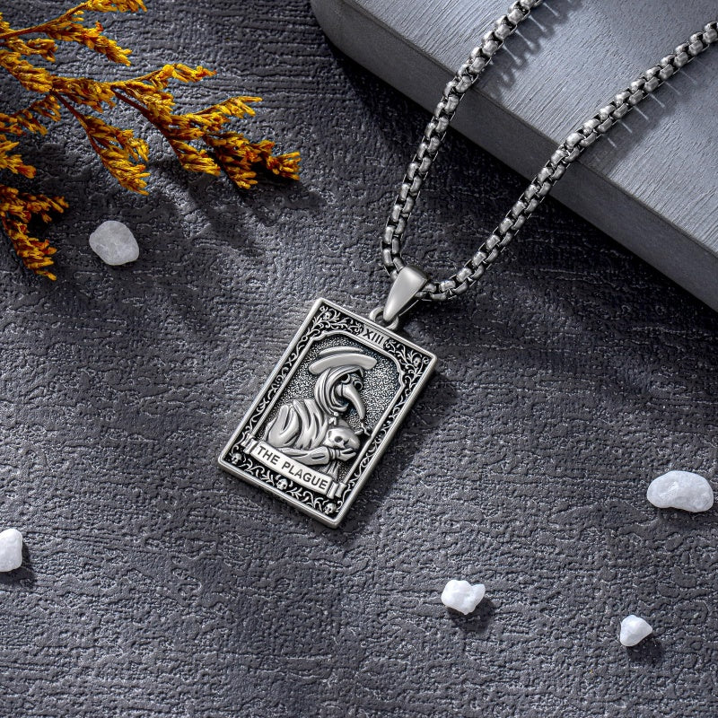 Sterling Silver Tarot Card Pendant  Necklace for Men Gothic Amulet Jewelry