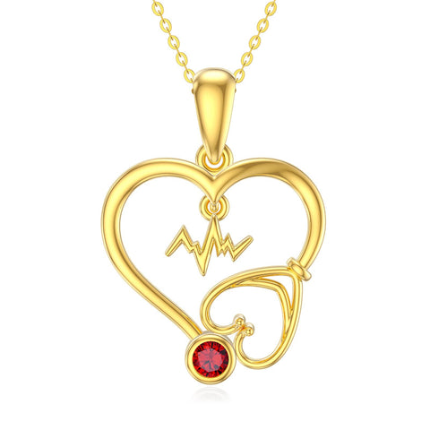 14K Gold  Birthstone Stethoscope Heart Pendant Necklace