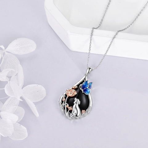 Sterling Silver Obsidian Bunny Cat Elephant Dog Fox Teardrop Pendant Necklace