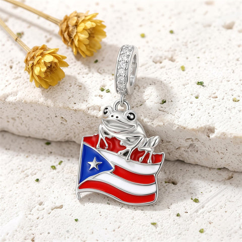 Sterling Silver Coqui Frog Flag Puerto Rico Charm Beads
