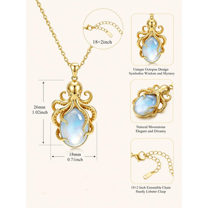14K Gold Plated Moonstone Octopus Sea Turtle Conch Shell Starfish Seashell Ocean Necklace for Women