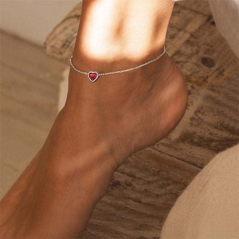 Sterling Silver Simple Dainty Round Heart Birthstone Single Layer Charm Anklet