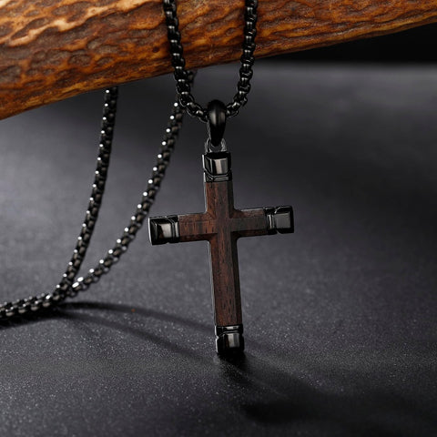 14K Gold  Plated Wooden Cross Crucifix Pendant Necklace for Men