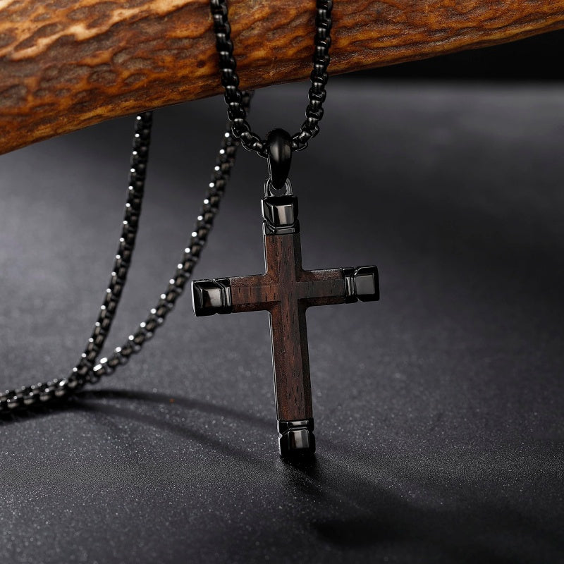 14K Gold  Plated Wooden Cross Crucifix Pendant Necklace for Men