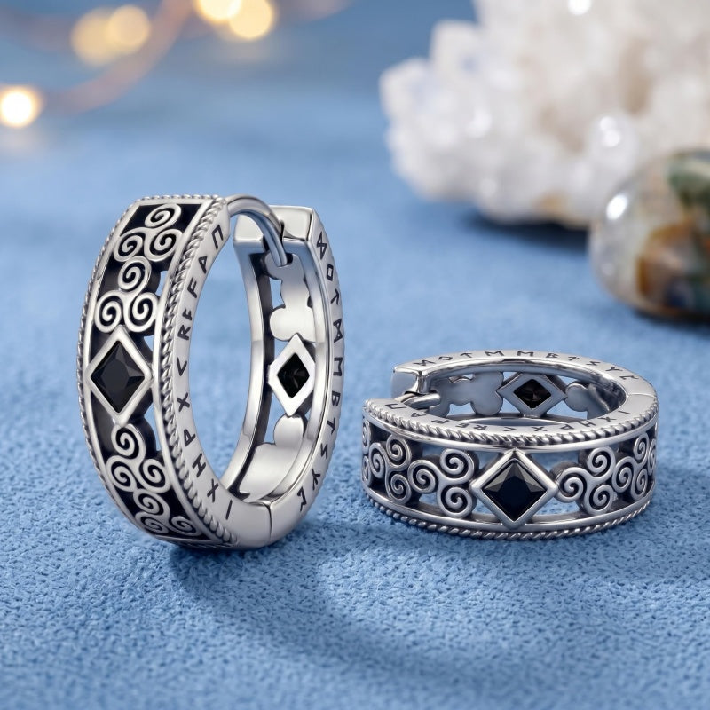 14K Gold Plated  Cubic Zircon Norse Viking Runes Hoop Earrings Viking Jewelry Gift for Men