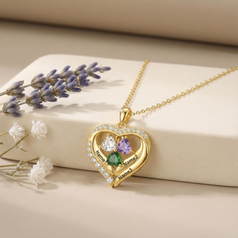 14K Gold Plated Personalized 1-5 Heart Birthstone Names Necklace  for Women