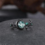 Sterling Silver 10K 14K 18K Gold Natural Leaf  Moss Agate Engagement Anniversary Couple Ring Sets