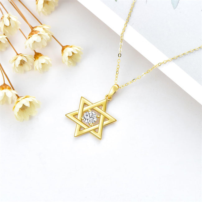 14K Gold Star of David Necklace for Women Solid Yellow Gold Jewish Necklace with Moissanite Jewelry Gift for Her, 16+1+1 Inch