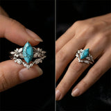 Sterling Silver Personalized Engraved 1-3CT Turquoise Engagement  Wedding Promise Ring Set for Her
