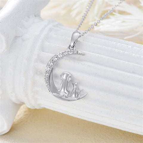 14K Gold Cubic Zirconia Dog and Cat Moon Pendant Necklace